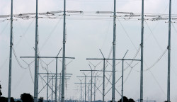 Power lines criss-cross the Arkansas Delta near the Plum Point Energy Station (coal plant) near Osceola. 
