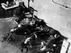 The aftermath of the Valentine's Day Massacre of February 14, 1929.  Seven members of the O'Banion Moran gang were trapped in a garage, lined up against the wall, and shot with sawed-off shotguns. (Library of Congress)
