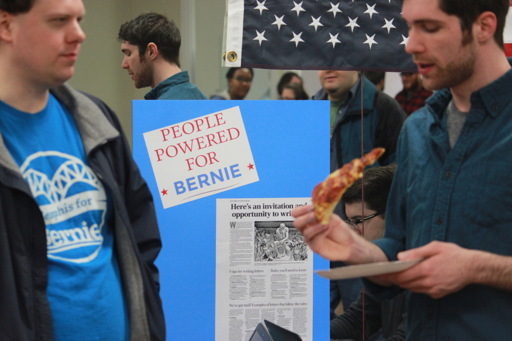 Sanders supporters gathered in the office to talk about the election. The campaign supplied pizza, cookies and drinks. Several work stations were available to offer instruction on writing letters to the editor, press releases and poster painting among other activities. ©Scott Sines 
